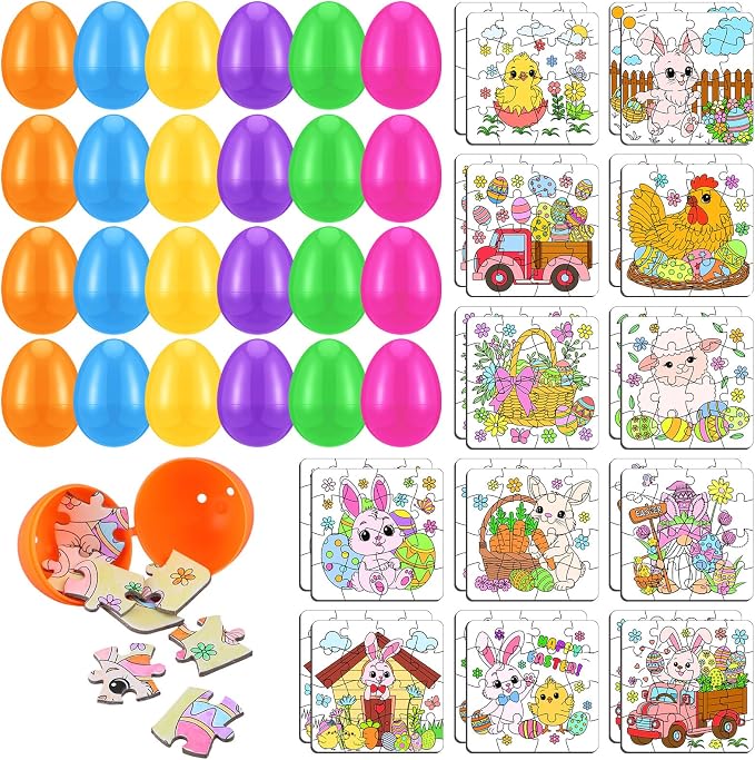 Realspring 24 Set Easter Eggs Jigsaw Puzzle for Kids Egg Hunt Game 24 Mini Bunny Puzzles DIY Coloring Paper Jigsaw Easter Eggs Basket Stuffers Fillers for Party Favors Classroom Exchange Reward School