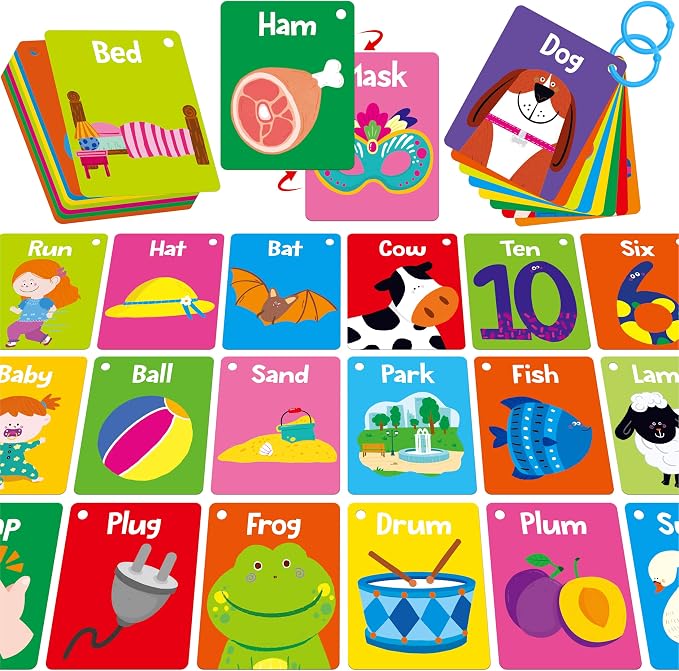 52 PCS Word Flashcards, 52 CVC Words & 52 CVCC, CCVC Words Double-Sided Cards with 2 Rings, Vocabulary Phonics Learning, Educational Tool for Preschool, Kindergarten, Toddlers
