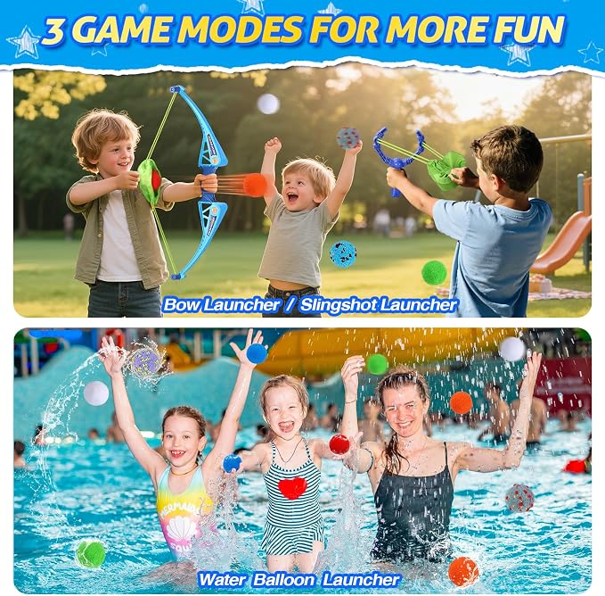 SUPER JOY Reusable Water Balls Water Toys for Kids, 2 PCS Water Balloons Slingshot Launcher 2 PCS Bow Launcher With 24 Colorful Water Balls for Outdoor Toys, Summer Water Bomb Toy for Boys Girls