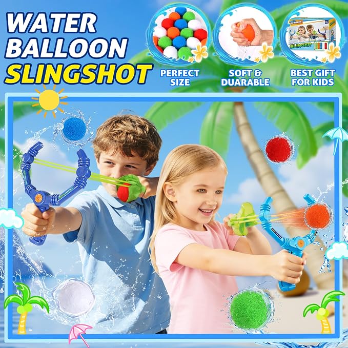 Reusable Water Balloons Set For Kids, 2 PCS Slingshot Launcher With 25 PCS Soft Balls, Outdoor Summer Water Toys For Pool Beach Backyard Water Game Fun, Birthday Party Gift For Boys Girls