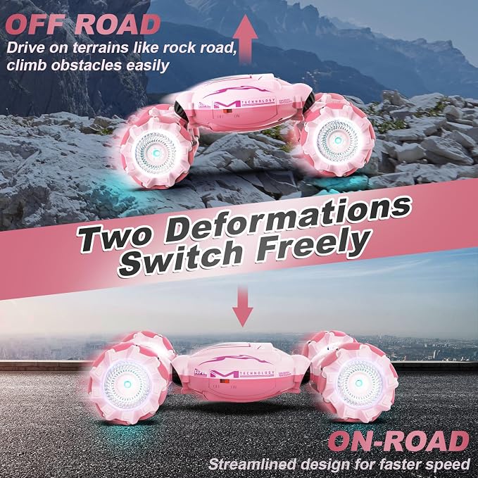 Fosgoit Pink RC Car Toys for Girls Aged 6-12, Gesture Sensing RC Stunt Cars with Lights Music for Girl Birthday Xmas Gifts, 2.4GHz 4WD Pink Remote Control Toy Double-Side Flip 360° All-Round Rotation