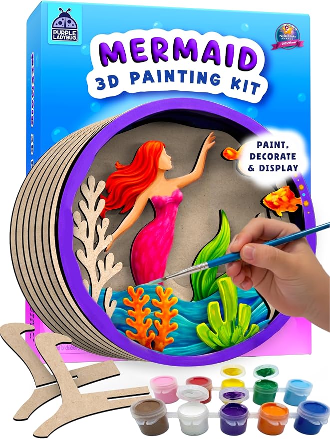 Mermaid 3D Painting Kit - Wooden Painting Crafts for Kids - Craft Kits for Girls Ages 8-12, DIY Crafts Paint Set Art Projects - Arts and Crafts for Girl 6 7 9 11 - Girls Birthday Gifts Age 8-10