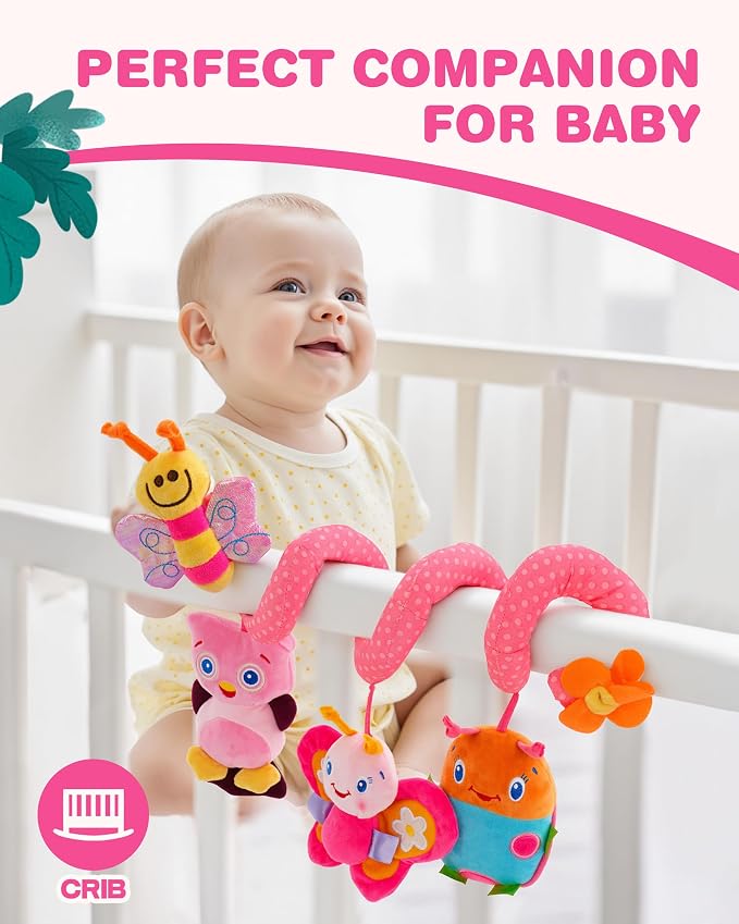 Jollybaby Crib Stroller Car Seat Toys for Baby 0-3-6-9-12 Months, Tummy Time Hanging Sensory Toys for Newborn with Music Box and Teether, Spiral Carseat Toy for Infant Boys Girls Gifts (13-Pink)