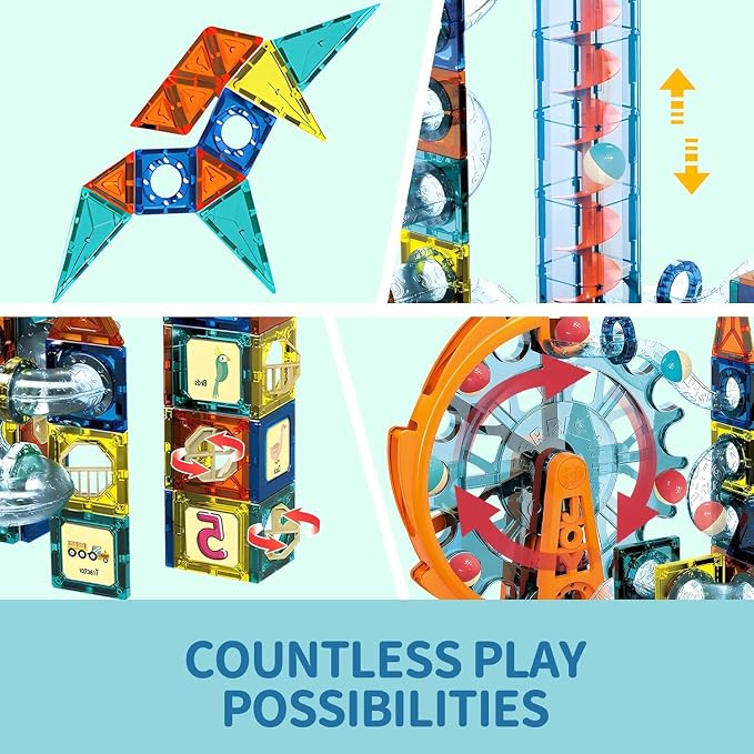 Motorized Marble Run Set – 107-Piece Magnetic Tile Building Toy with Ferris Wheel & Elevator, STEM Marble Maze Game for Kids Ages 6-12, Educational Gift with Lights & Music