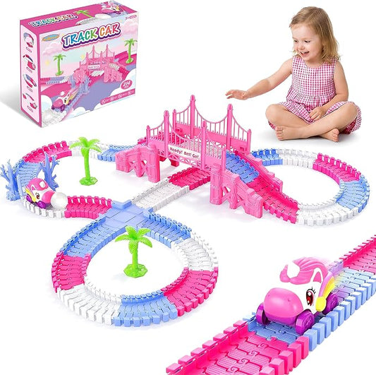 Race Car Tracks Toy Set for Girls Age 3-8, 214PCS Pink Princess Cars Toys | with Monster Truck & Magic Bendable Train Tracks, Flexible DIY Raceway Set for Toddler Girls Christmas Birthday Gifts