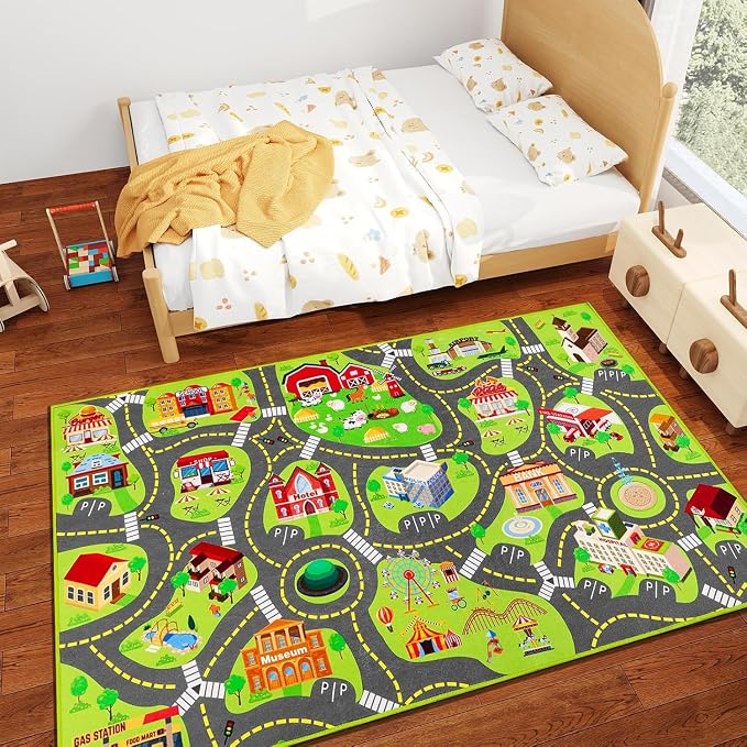 Kids Car Rug Play Mat, Non Slip City Road Carpet for Kids Toy Cars, Car Track Rug Play Mats for Floor, Educational Vehicle Rugs for Playroom Bedroom Kids Room, Machine Washable (60"X36", A)