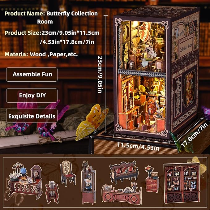 Book Nook Kit, DIY Miniature House Dollhouse Kit 3D Puzzle for Adults | Booknook Bookend Bookshelf Decor Tiny House Model Build with Dust Cover, Gifts for Family and Friends