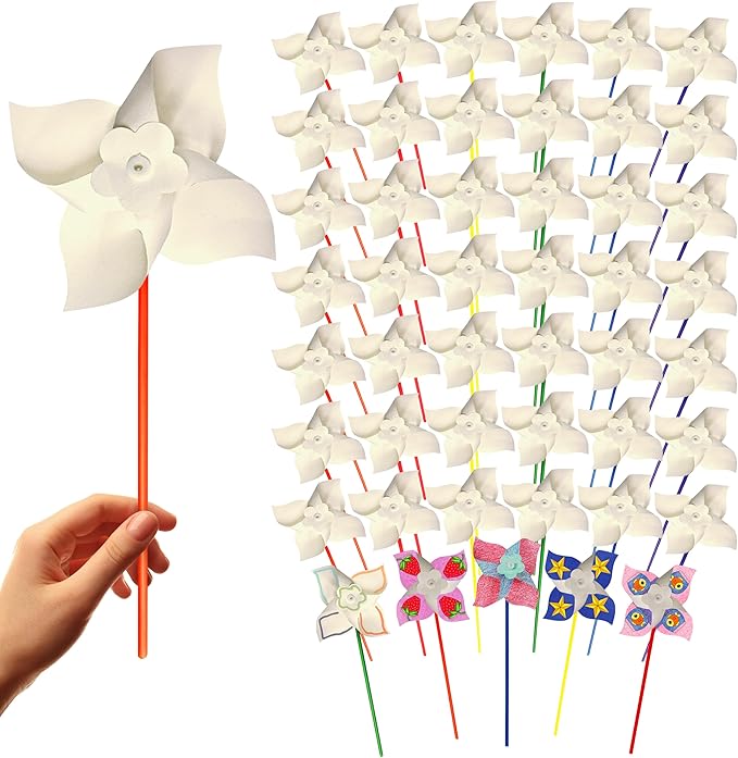 4E's Novelty 24 Pack DIY Pinwheels Craft for Kids, Bulk Summer Pinwheel Craft Kit, Color Your Own Paper Windmill Patriotic Pinwheels for Kids Bulk 4th ofJuly Craft for Kids Art Games