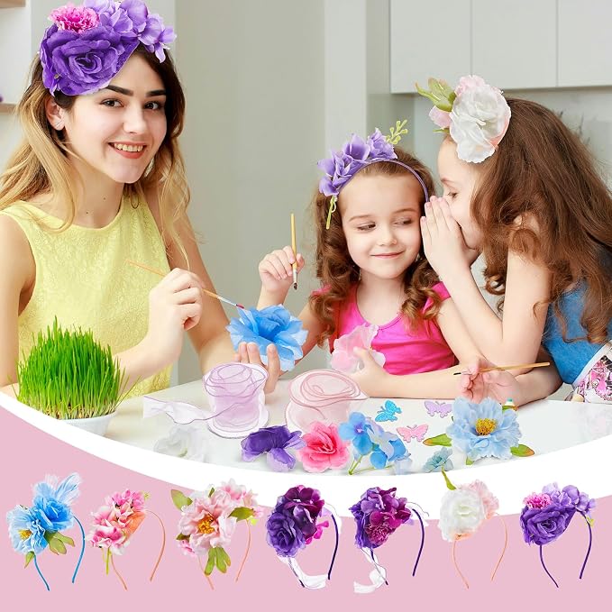 353 Pcs Headband Making Kit for Women Include 12 Headbands 24 Fake Flowers 300 Feathers 4 Mesh Ribbons 1 Roll Double Faced Adhesive Tape 12 Butterfly Accessories for DIY Hair Tea Party Decor