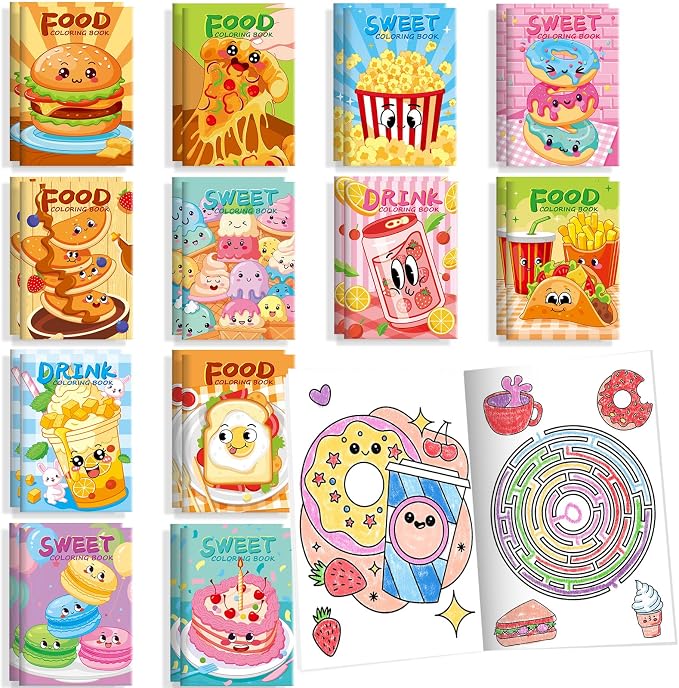 BenLouis 24 Pcs Fast Food Mini Coloring Books Kids Snacks Donut Pizza Party Favors Small Activity Books Bulk for Kids Delicious Fast Food Party Goodie Bags Stuffers Return Gifts Classroom Travel