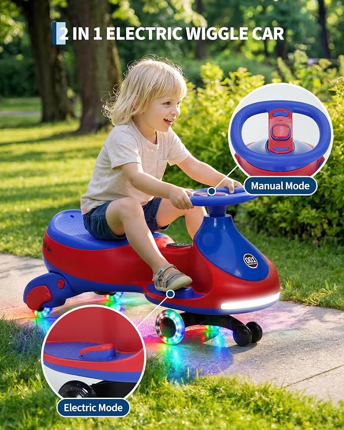 Garvee 12V Electric Wiggle Car for Kids, 2 in 1 Swing Car with Pedal, Anti-Rollover, Max Load 130Lbs,Flashing Wheels, Music,Rechargeable Battery Ride on Toy Indoor Outdoor for Toddlers, Red