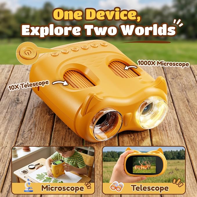 1000X Digital Microscope for Kids Handheld: 2-in-1 Binoculars Portable STEM Toy - Birthday Gift for Boy Girl - Science Kits 10X Magnifying Glass Telescope for Age 3-8 8-12 USB Gadget