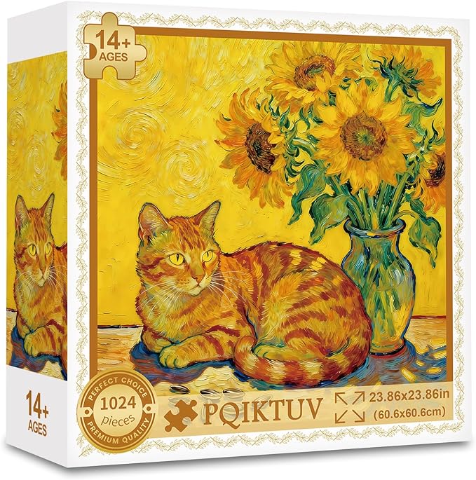 Adult Puzzles Kitten Jigsaw Puzzle 1024 Pieces with Letters on Back | Impossible Puzzle Cat and Sunflower Family Decoration Gift for Valentine Friends Parents（23.86 x 23.86 inches）