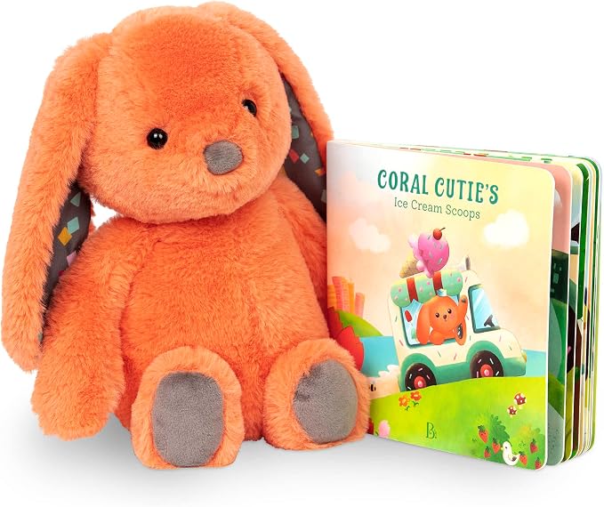 B. toys – 12-Inch Plush Bunny + Board Book Playset – Stuffed Animal – Baby Playset – Toys for Babies – Happy Hues – Coral Cutie – 0+ Months