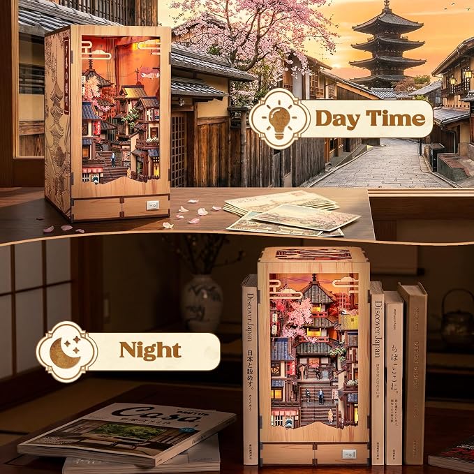 CUTEBEE Book Nook Kit - DIY Miniature House Japanese Street Diorama, Fold-Out Dollhouse Booknook for Adults, Tiny House Bookshelf Decor 3D Wooden Puzzle Gifts (Twilight Sakura Path)