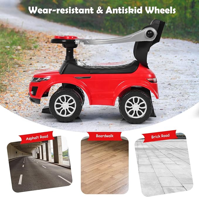 Costzon 3 in 1 Ride on Push Car, Stroller Sliding Walking Car with Horn, Music, Light, Under Seat Storage, Parental Handle, Armrest Guardrails, Ride on Toy for Boys & Girls (Red)