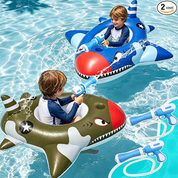 2 Pack Inflatable Shark Pool Floats Kids 3-11 Years, Kids Floaties Swimming Pool Toys with 2 Water Squirt Guns Boys Girls Party Float Ride-on Toddler Floatie with Safety Seat Summer Outdoor Water Game