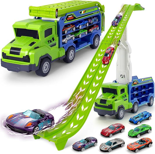 Kids Toys for 3 4 5 6 7 8 Years Old Boys, Carrier Truck Transport Car Toys, Foldable 2 Layer Car Race Track Playset with 25-in Race Track, 6 Metal Toy Cars, Birthday Toy Gift for Toddler Boys Girls