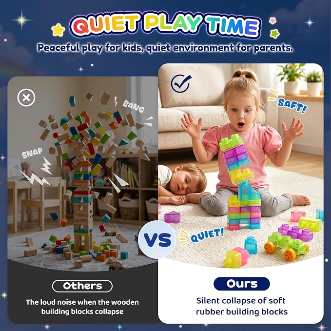 Gummy Bloc 57 PCS Soft Glow in The Dark Building Blocks for Toddlers, Dream City Glow Starter Kit, Squishy Sensory Stacking Toy with 2 Buildable Vehicles, Montessori STEM Preschool Gift for Boys Girls
