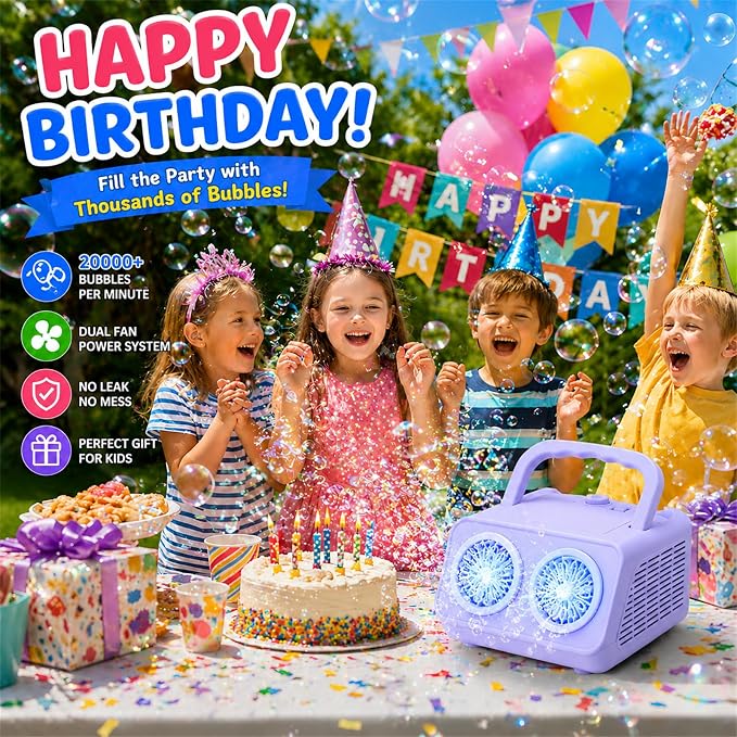 SHCKE Automatic Bubble Machine with 2 Fans,20000+ Bubbles/Min | Dual power USB-C/AA, No-Leak Sealed Bottle,Portable Bubble Maker for Pool, Wedding, Camping, Birthday Parties