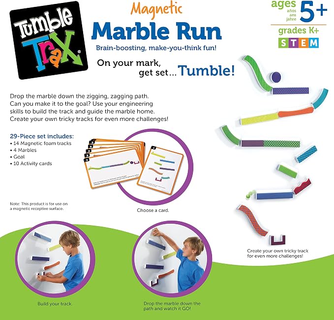 Learning Resources Tumble Trax Magnetic Marble Run - STEM Toys, Marble Runs for Kids 4-8, Marbles for Kids, Gravity Maze, Marbles Game, Ball Maze Toy, STEM Magnetic Track Toy