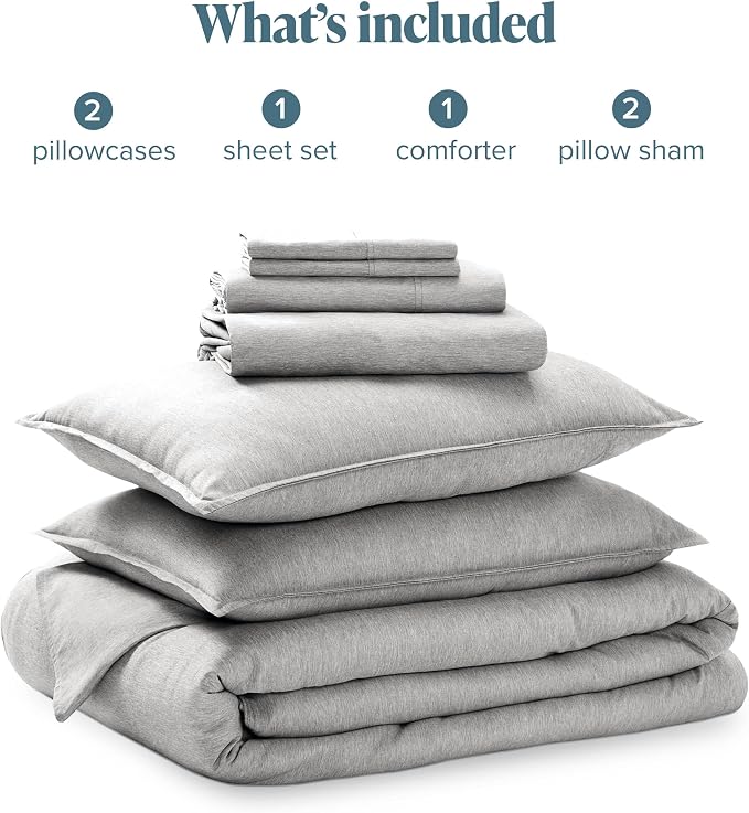 Bare Home Bed-in-A-Bag 7 Piece Comforter & Sheet Set - Queen - Goose Down Alternative - Ultra-Soft 1800 Premium Bedding Set - Cationic (Queen, Heathered Pewter)