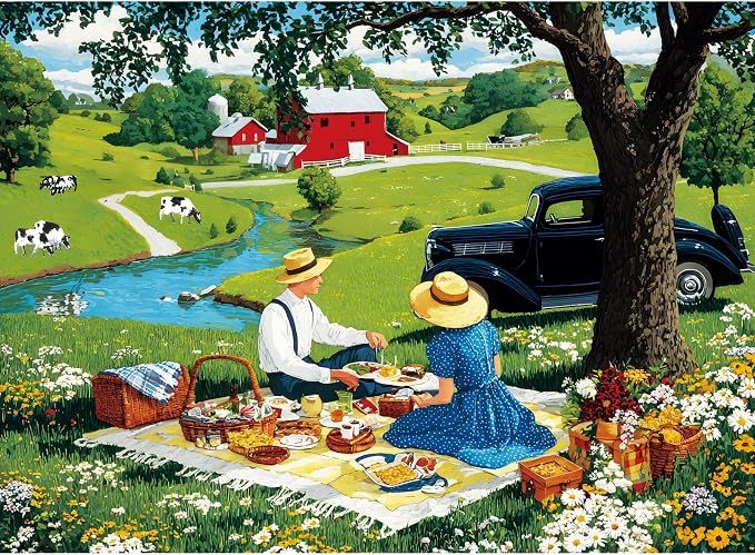 500 Piece Puzzles for Adults, Countryside Picnic Jigsaw Puzzle, Vintage Farm Landscape Puzzle with Lake,Barn and Cows, Rural Scenery Puzzle with Letters on Back, Fun Family Game Gift for Teens Seniors