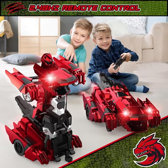Kroyedfuw Dinosaur Transform Rc Cars, 2.4Ghz Remote Control Car Transforming Robot with Flashing Light, 360° Rotation One Button Deformation Car Toy Gifts for Boys Age 4-7 8-12