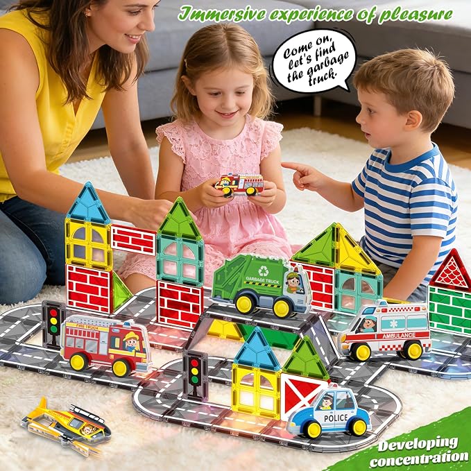 Toys City Cars Road Set for Magnetic Tiles, 5pcs Urban Traffic Preschool Educational Learning Toys for Kids Age 3-7, 3D Rescue Car Compatible with Magnet Tiles & Blocks