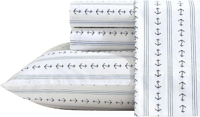 Nautica - Sheets, Cotton Percale Bedding Set with Matching Pillowcase, Crisp & Cool, Deep Pocket (Anchor Lines Blue, Twin)