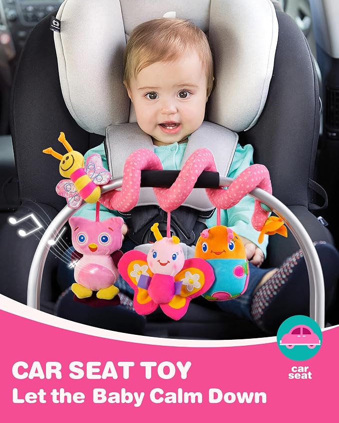 Jollybaby Crib Stroller Car Seat Toys for Baby 0-3-6-9-12 Months, Tummy Time Hanging Sensory Toys for Newborn with Music Box and Teether, Spiral Carseat Toy for Infant Boys Girls Gifts (13-Pink)