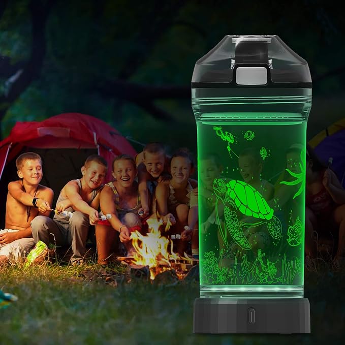 Lightzz Kids Water Bottle with 3D Glowing Turtle LED Light - Tritan BPA Free - Creative Ideal Travel Cup Ocean Gift for Back to School Girl Boy Child Holiday Camping Picnic (Sea Turtle 14 Oz)