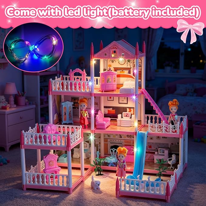 Pink Dollhouse Playset with Lights for Girls 6-12,Dream House with Garden, 3 Dolls 9 Rooms,Pet Dog and Furnitures,Indoor Playset Toys,Great Birthday Gift for Girls.