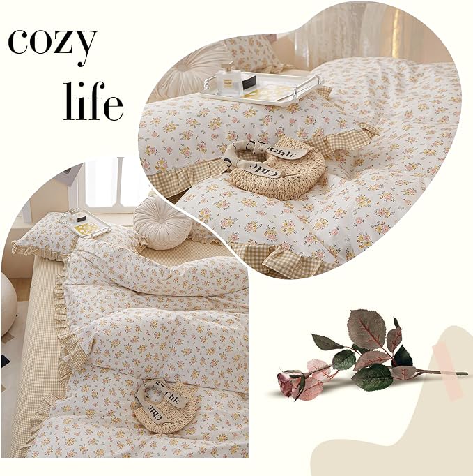 Ruffle Floral Comforter Set King 3 Pieces Vintage Flowers Pattern Romantic Ruffled Comforter with 2 Pillowcases Fluffy Soft Cottagecore Bedding Set Farmhouse Flowers Botanical Comforter Set King