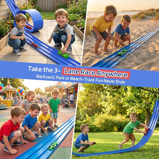 3-Lane Flexible Race Track Toy Set - 16.4 Ft DIY Racetrack with Strong Suction Cups, Portable Roll-Up Car Track for Kids Compatible with 1/64 Diecast Cars