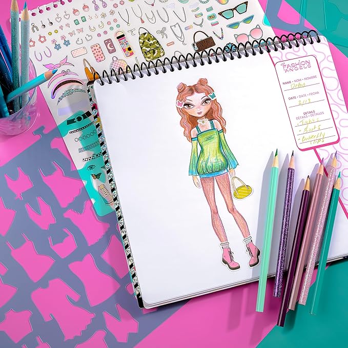 Fashion Angels Fashion Design Sketch Portfolio, Includes 40 Sketch Sheets, 4 Stencil Sheets & Stickers, Fashion Sketch Pad for Beginners & Kids Ages 6+