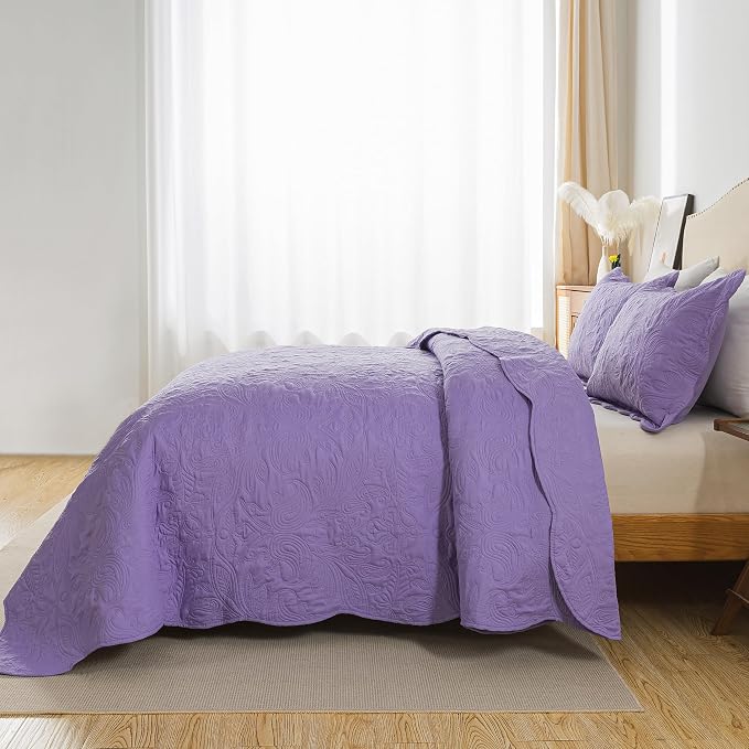 HoneiLife Quilt Sets King Size - 3 Piece Microfiber Quilt Set Lightweight Bedspreads Reversible Coverlets Rustic Bed Cover King Quilt Bedding Set All Season Quilts-Purple
