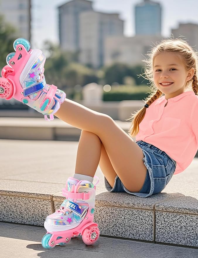 SULIFEEL Adjustable Roller Skates for Girls Boys Kids,Fun Illuminating Light Up Flash Wheels Three-Point Type Balance Suitable for Beginners Indoor Roller Skating