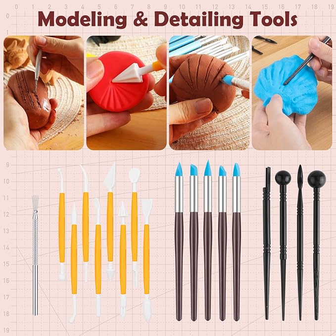 52PCS Pottery Tools Kit for Sculpting, Ceramic Tools, Clay Carving Tools for Polymer Clay, Modeling, Trimming, Molding, Shaping, Pottery Kiln, Arts Crafts Supplies, Adults, Students, Beginners, Pros