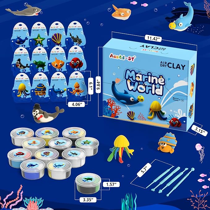 Air Dry Clay Kit - Ocean Theme, Modeling Clay for Kids, DIY Magic Clay with Sculpting Tools and Tutorials, 12 Boxes Molding Clay, Ultra Light, Soft & Non-Sticky, Arts and Crafts Gift for Kids