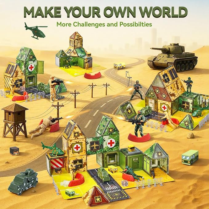 VigorFun Army Magnetic Tiles Building Toys Set for Kids Ages 3-5 4-8, STEM Military Magnetic Blocks with Army Men for Toddler, Educational Sensory Magnet Toys Gifts for Boys Girls Learning Classroom