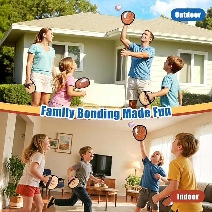 JoyCat Toss and Catch Ball Game, 2 Adult & 2 Kids Paddles Sticky Ball Set, Family Outdoor Catch Game for Beach, Backyard & Pool, Birthday Gifts for Boys Girls Ages 3+ (2 Paddles 2 Balls (Brown))