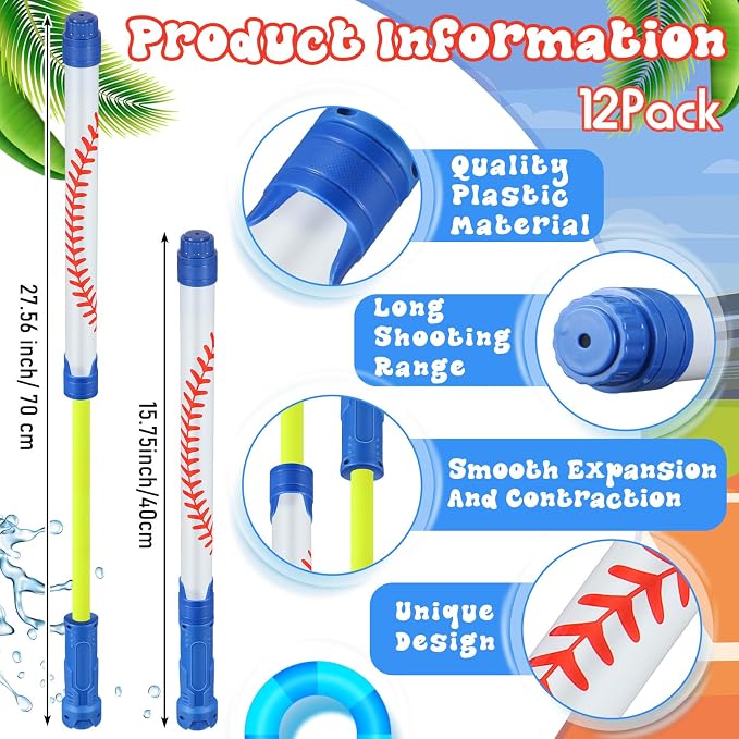 Halloscume 12 Pack Baseball Sport Water Gun Party Favors 15.75 in Summer Water Shooter Blasters Gun Toys for Kids Summer Outdoor Swimming Pool Backyard Beach Games