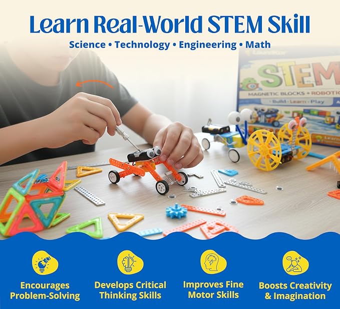 5 Robotic Kits in 1 STEM Building Set with 32 Magnetic Blocks, Build 6 Real Moving Robots, Engineering Construction Toy for Kids Ages 6-12, Educational STEM Gift for Boys & Girls
