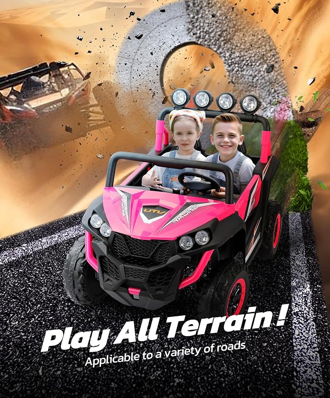 ELEMARA 2 Seater 24V Ride on Toys for Big Kids,Electric Car for Kids w/Parent Remote Control,Heavy-Duty Electric Ride On Truck w/ 4-Wheeler Suspension,5 Mph Max Speed,Bluetooth,Rainbowlight*4,Pink