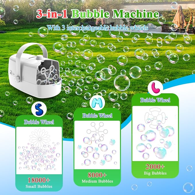 Wisdomlit Bubble Machine, 3-in-1 Bubble Maker, Bubble Blower with 3 Bubble Wheels, Make Small | Medium | Big Bubbles for Kids Toddlers, Bubble Toys for Indoor Outdoor Birthday Party (White)