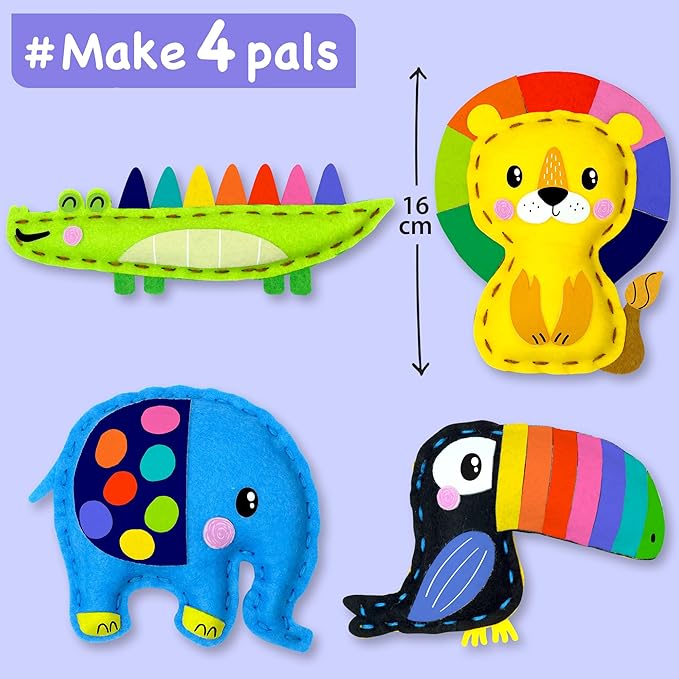 EZCRA Safari Animals Sewing Kit for Kids Ages 4-8 - 4 Beginner Felt Sewing Projects - Elephant No-Mess Arts & Crafts for Boys and Girls - Gift for Kids