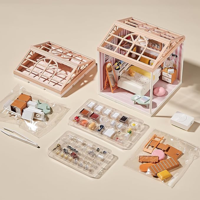 DIY Miniature Bedroom Kit – 82Pcs Cozy Dollhouse Room with LED Light & Blister Packaging, Connectable Model for Kids 8+ & Teens
