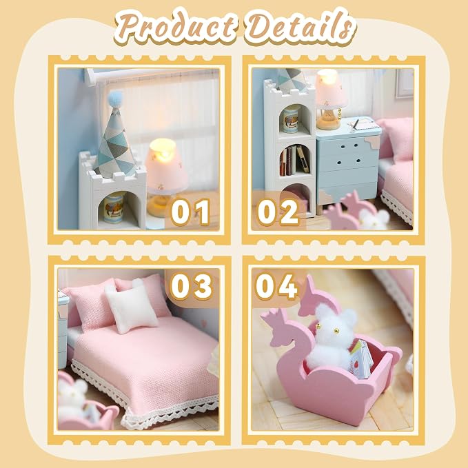 Kisoy Dollhouse Miniature with Furniture Kit, DIY 3D Wooden DIY House Kit A Corner of a Small Apartment Style with Dust Cover & LED,Handmade Tiny House Toys for Kids Adults Gift (Dream Room)