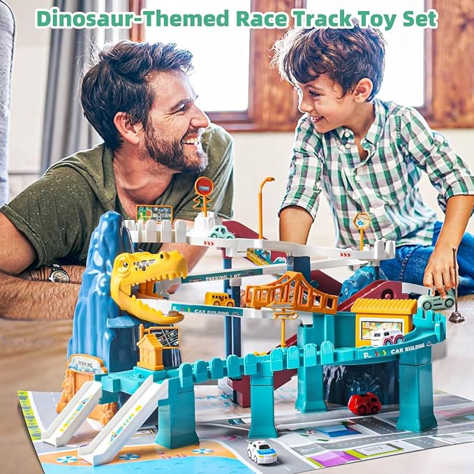 Dinosaur Car Race Track Set with 10 Racer Cars & Large Play Mat - 168 Pcs Dinosaur Toy Race Track for Boys 3-5 5-7, Flexible Train Track Construction Playset, Birthday Gifts for Kids Girls Age 3+